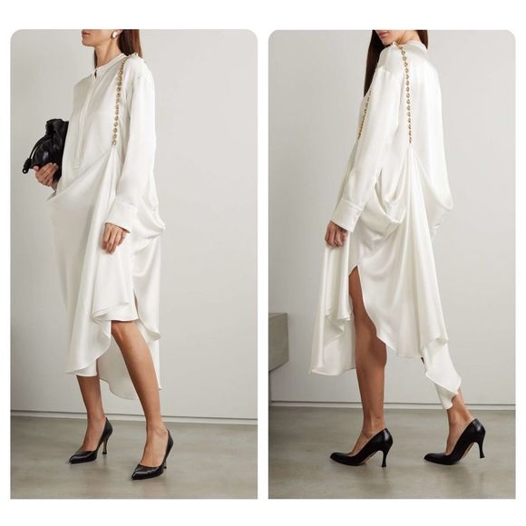 LOEWE Draped asymmetric chain-embellished silk-satin shirt dress